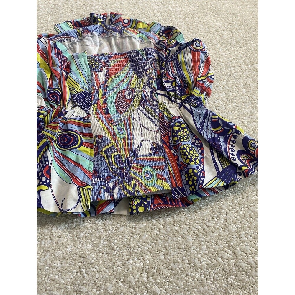 Anthropologie Strapless Smocked Ruffle Blouse Multicolor Cotton Abstract XS - Picture 7 of 10